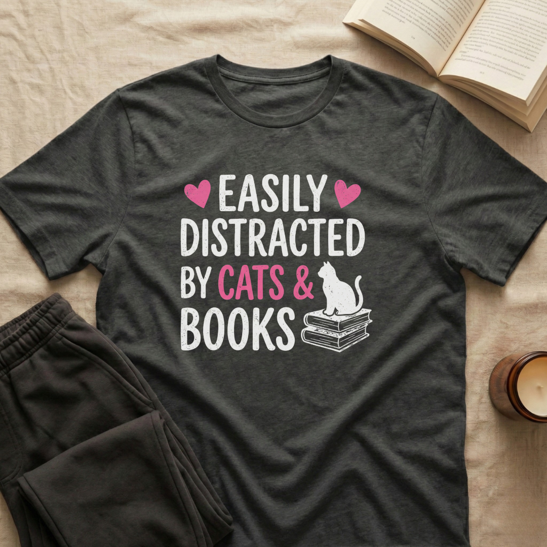 Easily Distracted By Cats And Books T-Shirt
