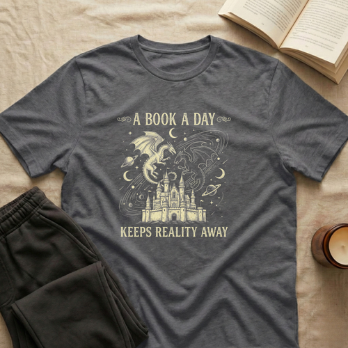 A Book A Day Keeps Reality Away T-Shirt in Charcoal