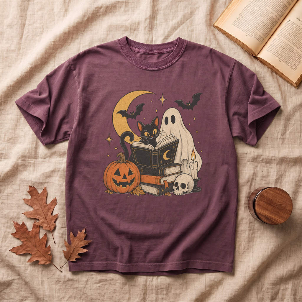 Ghost & Black Cat Reading Halloween T-shirt