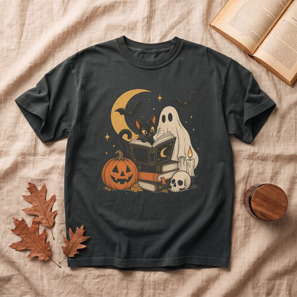 Ghost & Black Cat Reading Halloween T-shirt