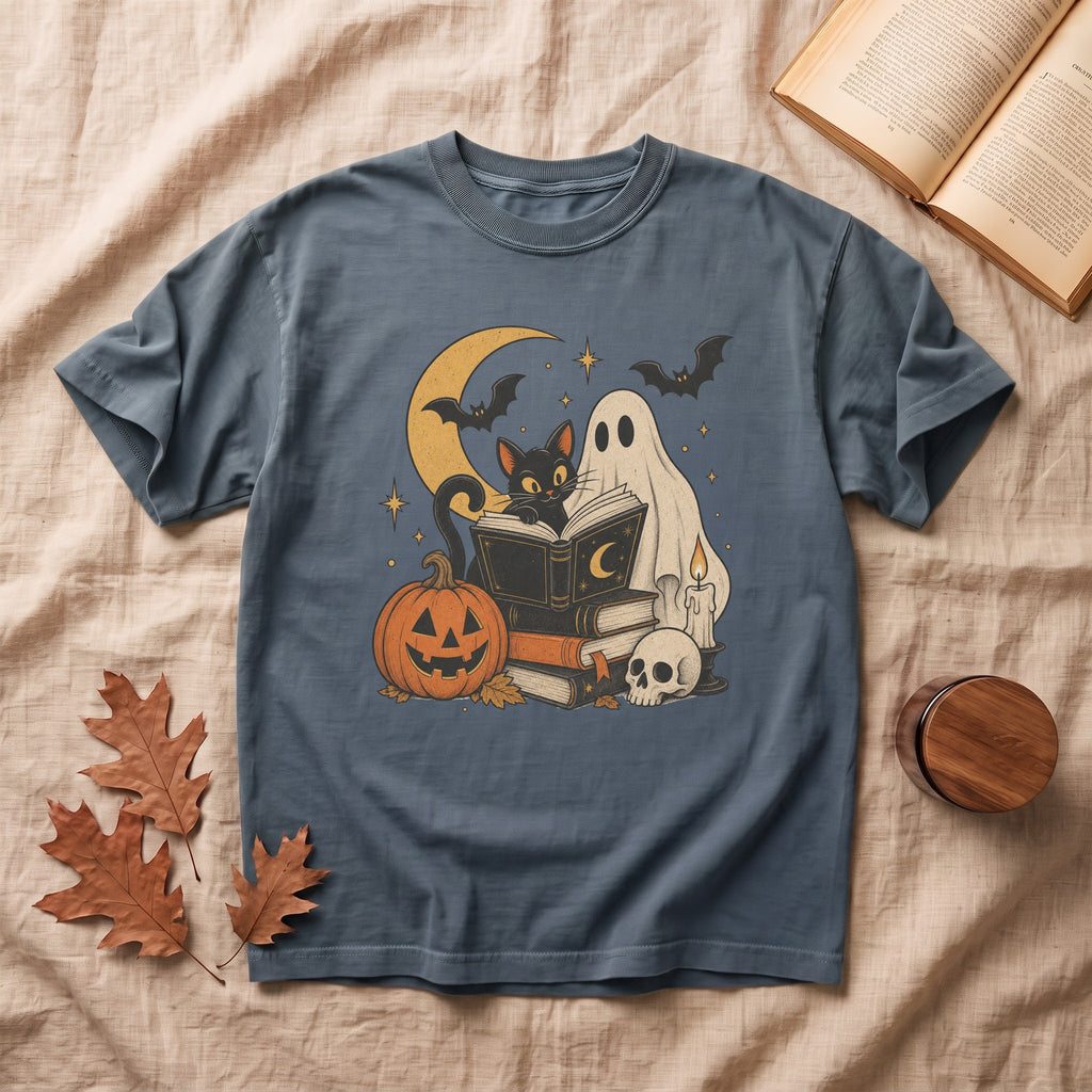 Ghost & Black Cat Reading Halloween T-shirt