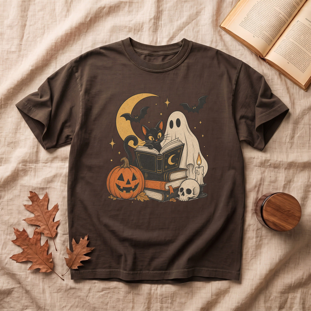 Ghost & Black Cat Reading Halloween T-shirt