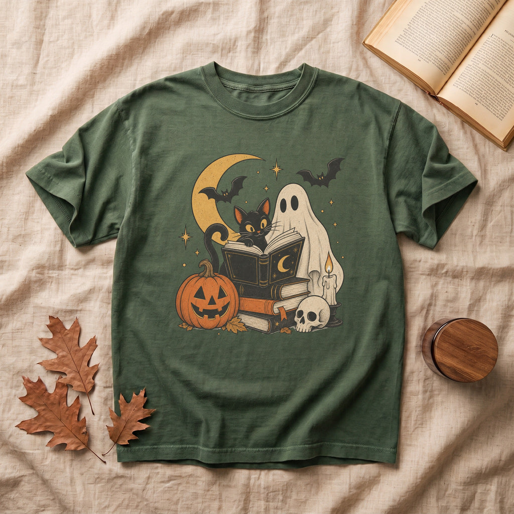 Ghost & Black Cat Reading Halloween T-shirt
