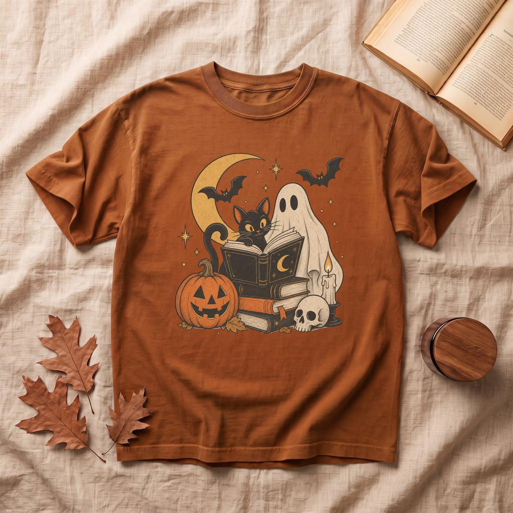 Ghost & Black Cat Reading Halloween T-shirt