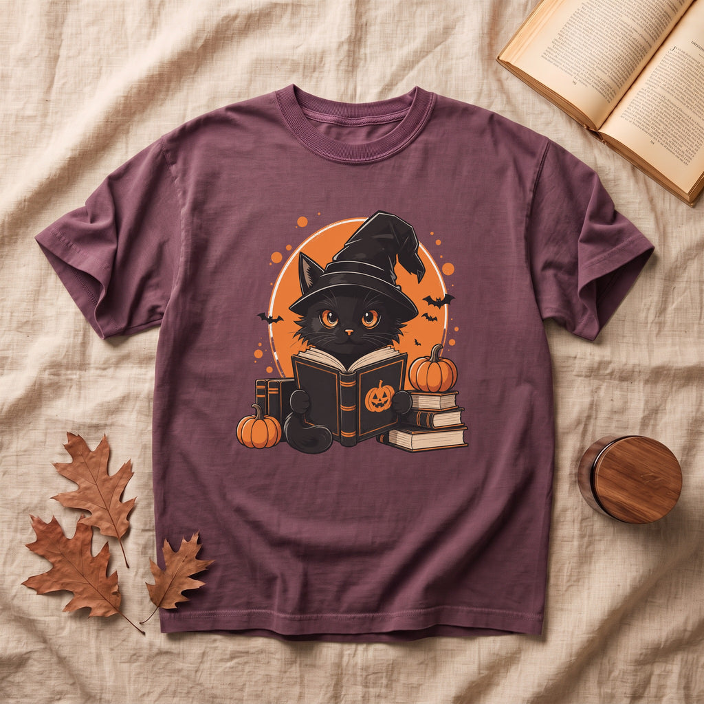 Cute  Black Cat Reading Halloween T-shirt