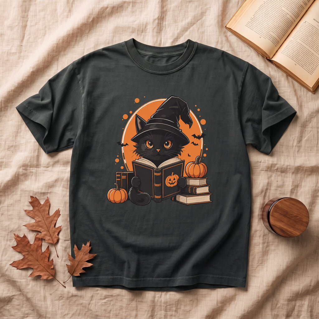 Cute  Black Cat Reading Halloween T-shirt