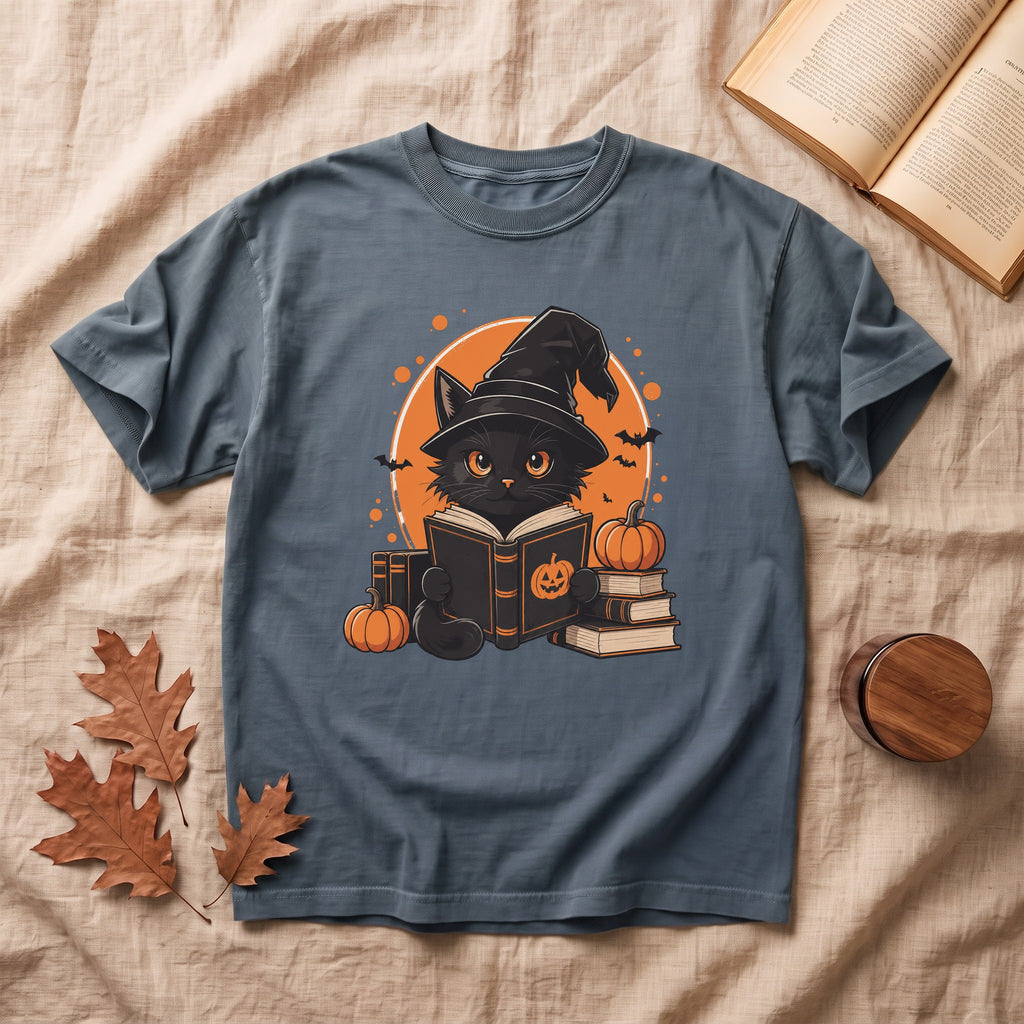 Cute  Black Cat Reading Halloween T-shirt