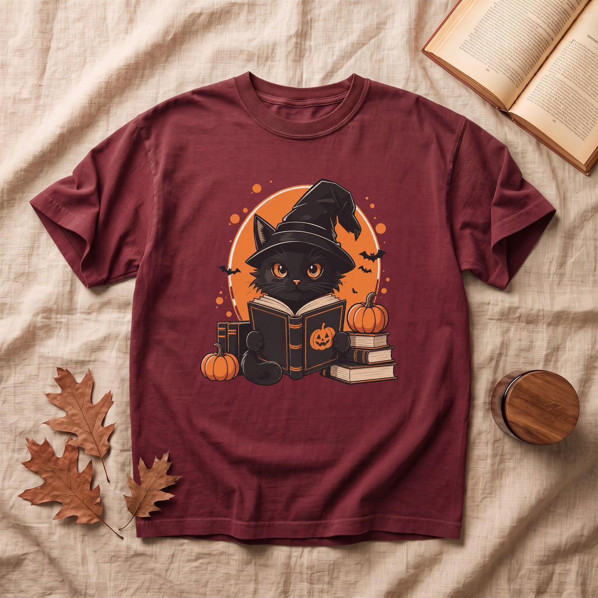 Cute  Black Cat Reading Halloween T-shirt