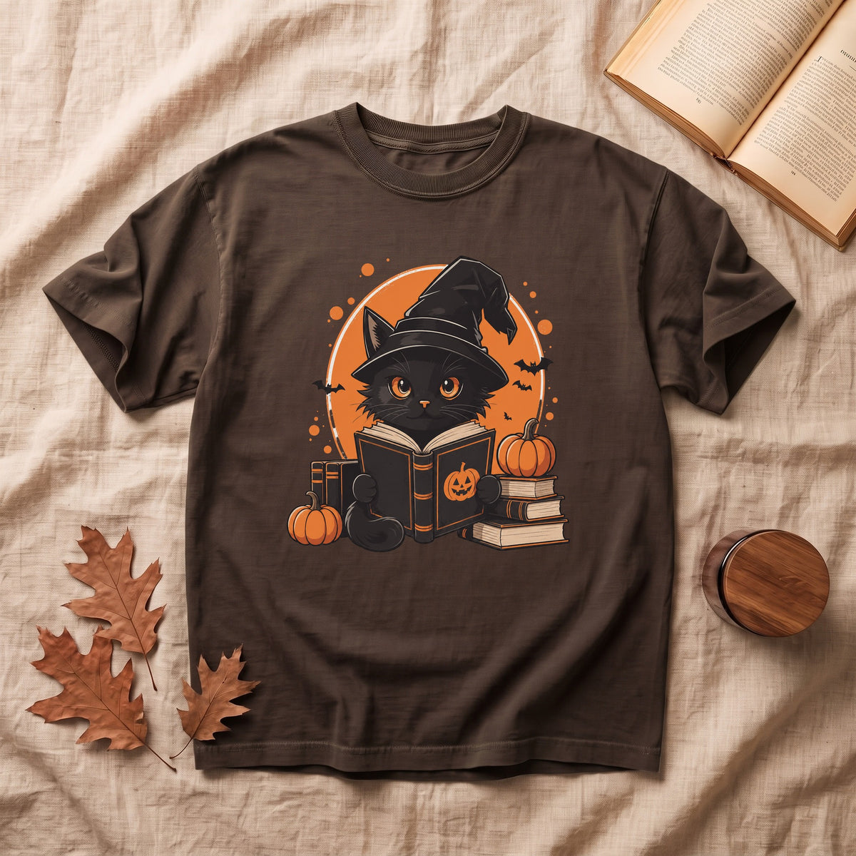 Cute  Black Cat Reading Halloween T-shirt