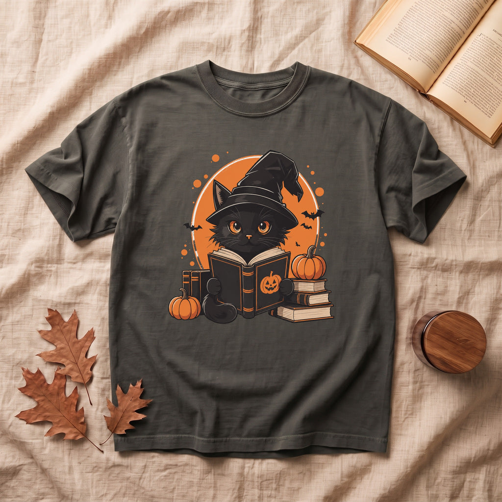 Cute  Black Cat Reading Halloween T-shirt