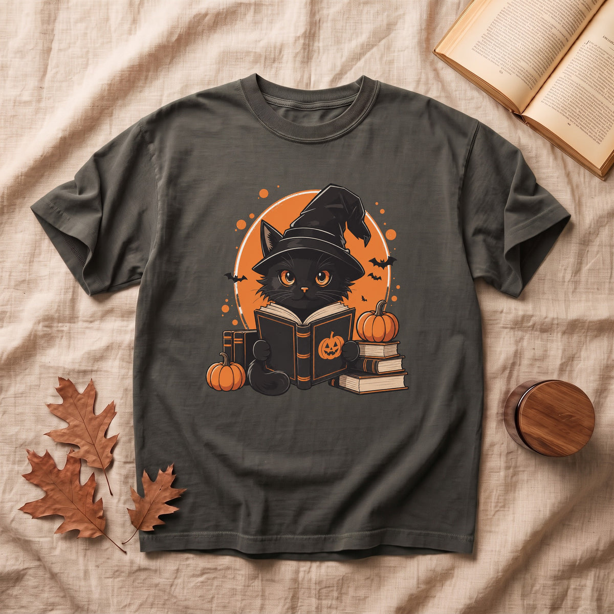 Cute  Black Cat Reading Halloween T-shirt