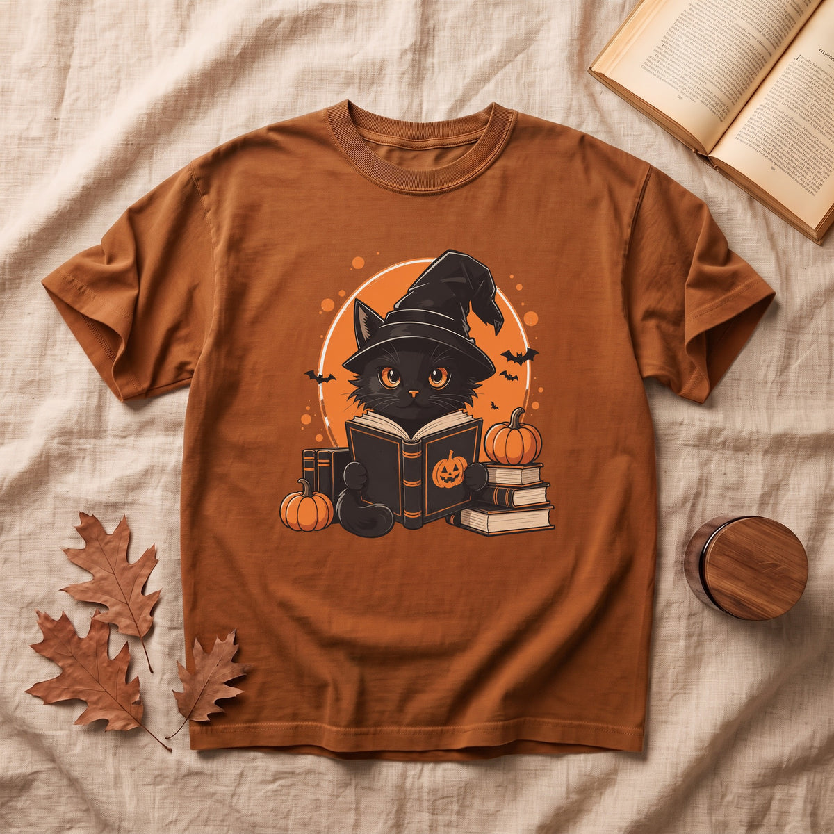 Cute  Black Cat Reading Halloween T-shirt