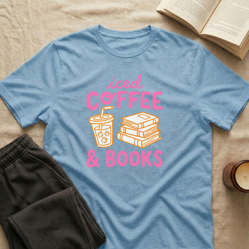 Iced Coffee & Books T-Shirt in Light Blue