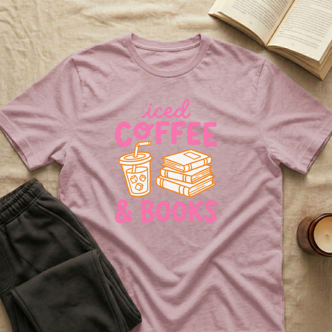 Iced Coffee & Books T-Shirt in Light Pink
