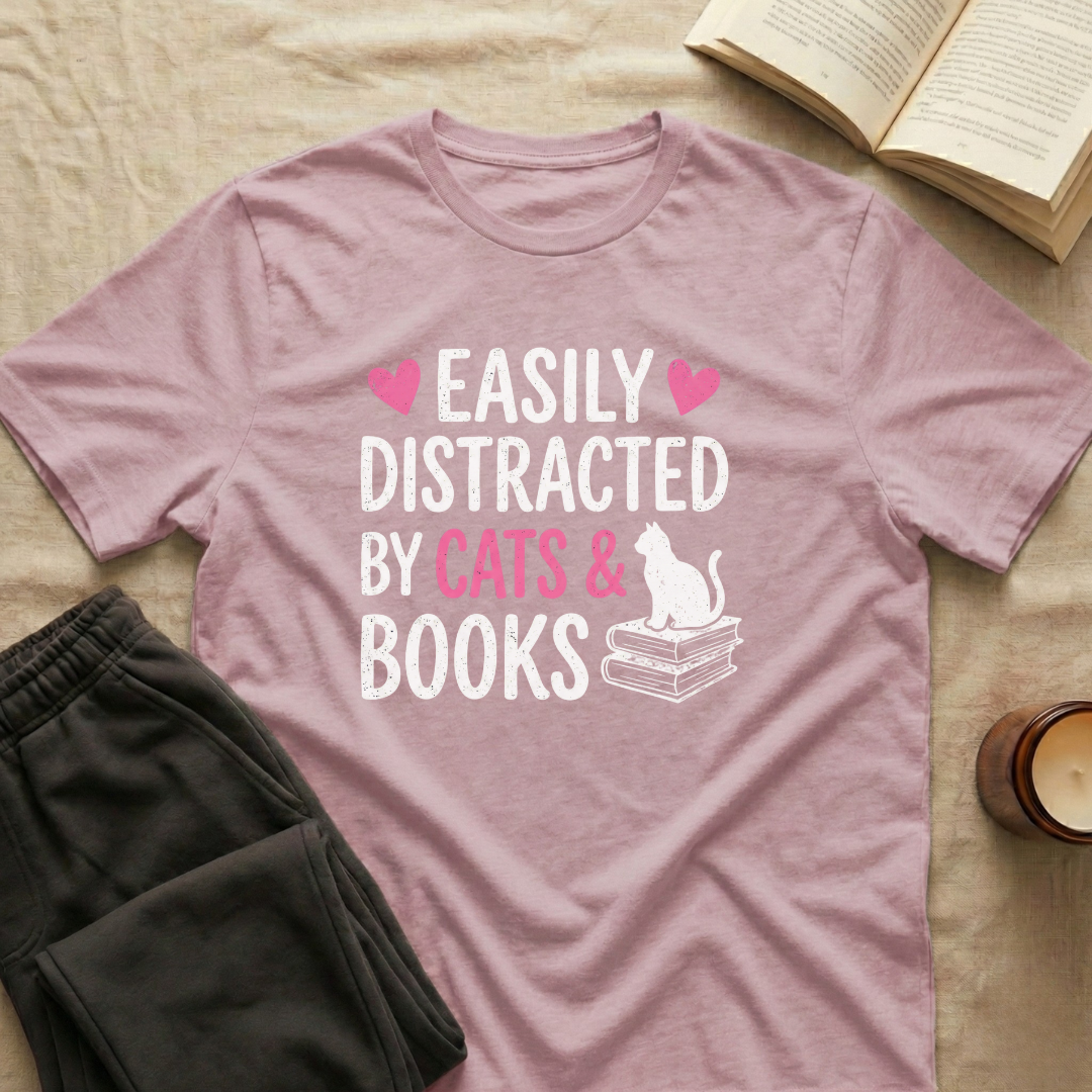 Easily Distracted By Cats And Books T-Shirt
