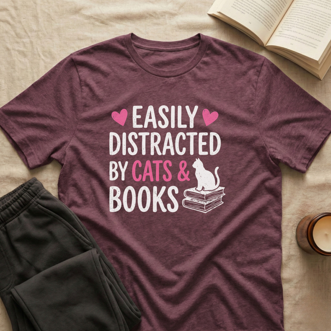Easily Distracted By Cats And Books T-Shirt