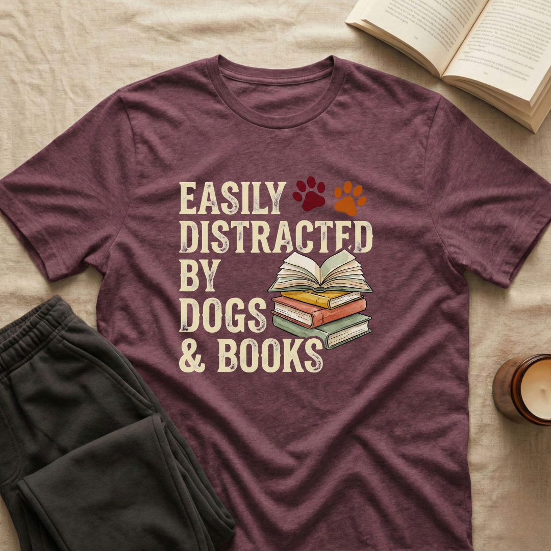 Easily Disctracted By Dogs And Books T-Shirt