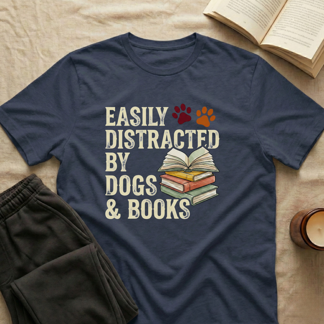 Easily Disctracted By Dogs And Books T-Shirt