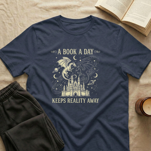 A Book A Day Keeps Reality Away T-Shirt in Navy