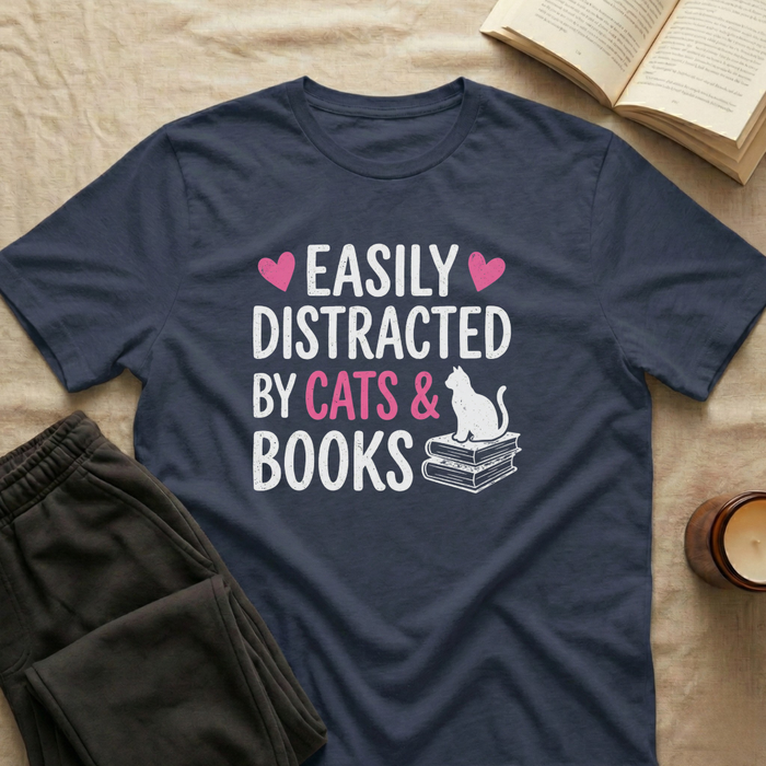 Easily Distracted By Cats And Books T-Shirt in Navy