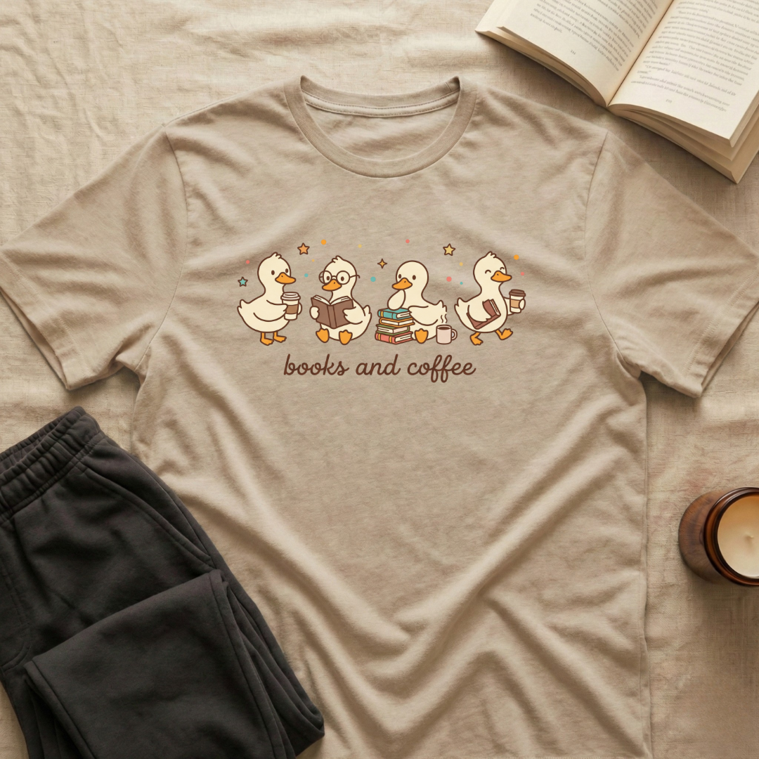 Cute Geese Reading T-Shirt in Sand