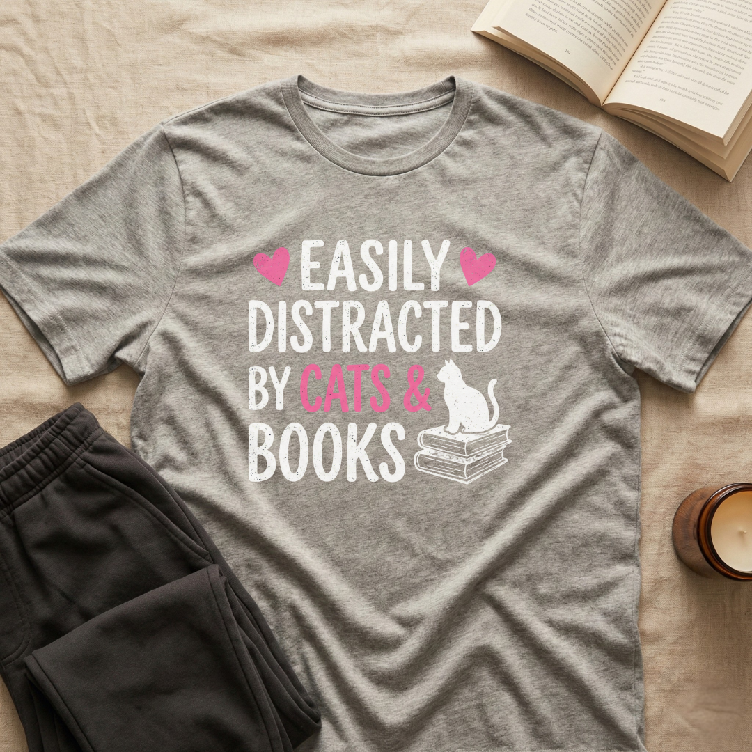 Easily Distracted By Cats And Books T-Shirt