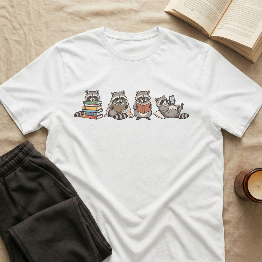 Cute Raccoons Reading T-Shirt
